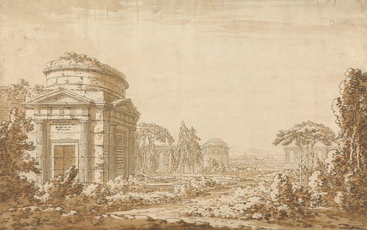 Classical Italian Landscape With Temples And A Ruined Aquaduct