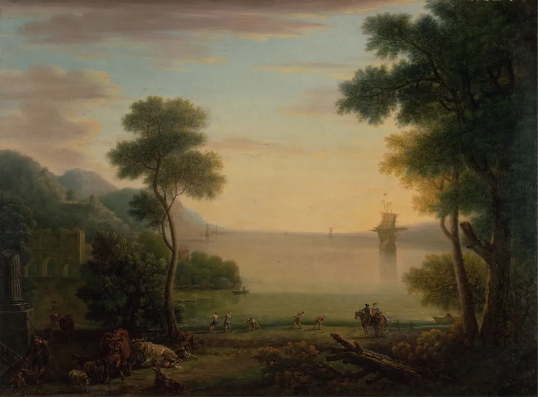 Classical Landscape With Figures And Animals Sunset