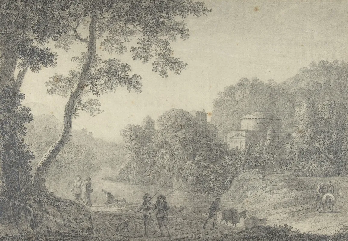 Classical Landscape With Hunters In The Foreground Wall Art by Giovanni Battista Lusieri - High-Resolution Digital Print
