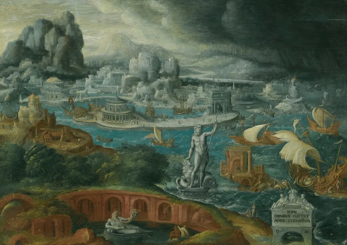 Classical Landscape With Ships Running Before A Storm Towards A Classical Harbour Wall Art by Circle of Maarten van Heemskerck - High-Resolution Digital Print