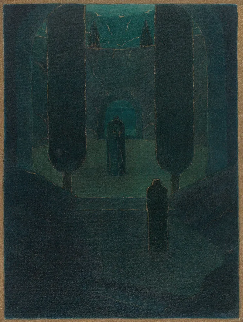 Cloaked Figures In A Dark Garden Wall Art by Herbert Crowley - High-Resolution Digital Print