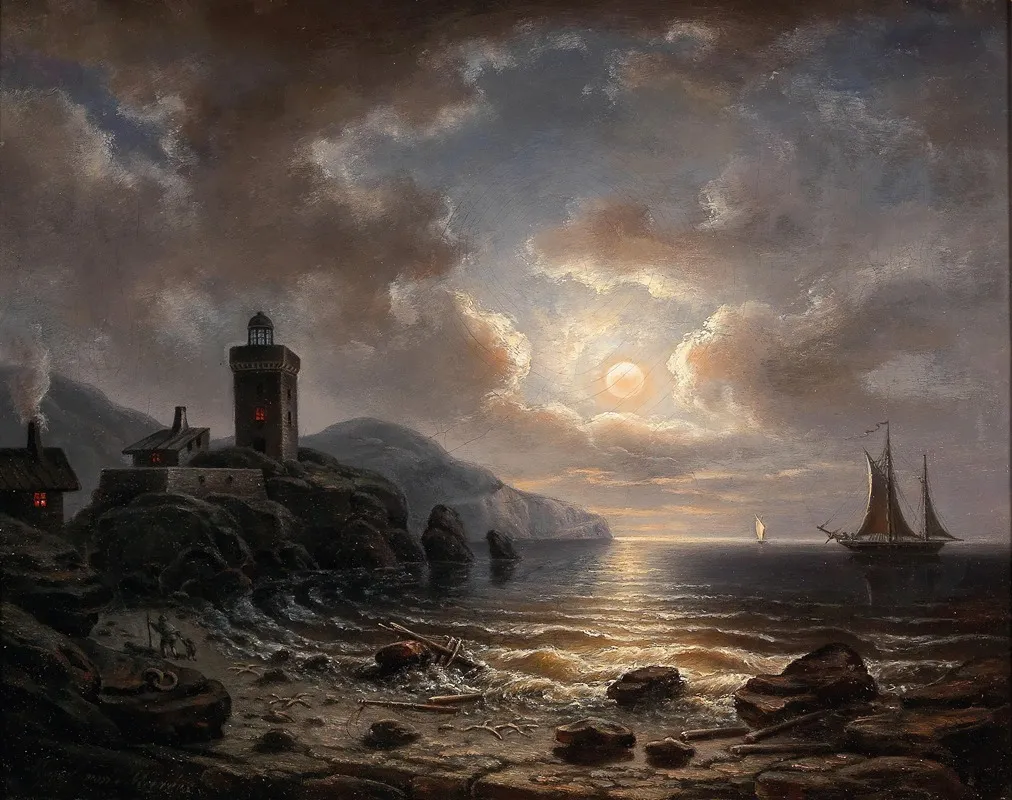 Coast At Night With Lighthouse Wall Art by Albert De Marees - High-Resolution Digital Print