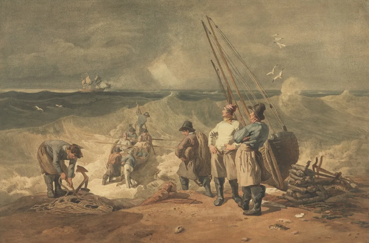 Coast Of Sussex Pushing Off A Boat To A Vessel In Distress