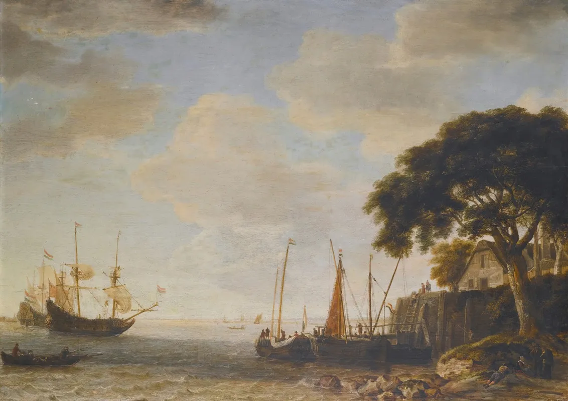Coastal Landscape A Dutch Kaag Tied Up To A Quay A Man Of War Weighing Anchor Beyond Wall Art by Jeronymus van Diest - High-Resolution Digital Print