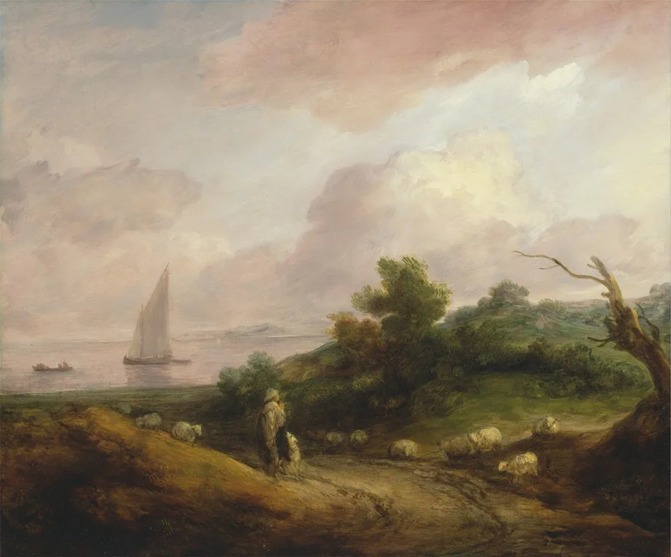 Coastal Landscape With A Shepherd And His Flock Wall Art by Thomas Gainsborough - High-Resolution Digital Print