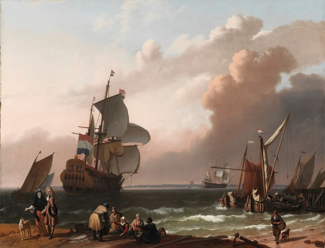 Coastal Scene With A Man Of War And Other Vessels Wall Art by Follower of Ludolf Backhuysen - High-Resolution Digital Print