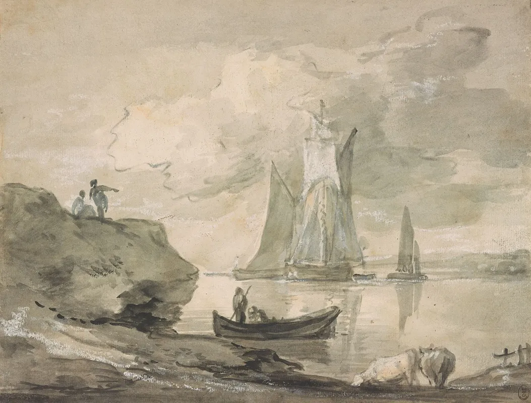 Coastal Scene With Shipping Figures And Cows