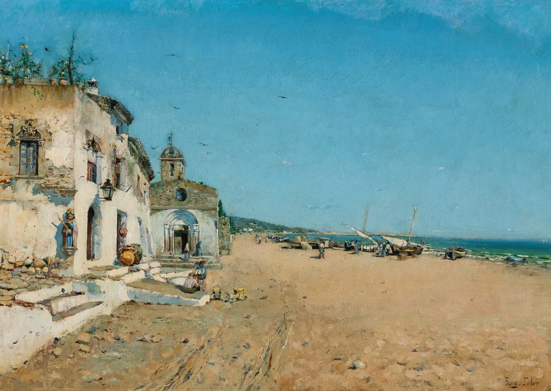Coastal Town Beached Fishing Vessels In The Distance Wall Art by Juan Roig I Soler - High-Resolution Digital Print
