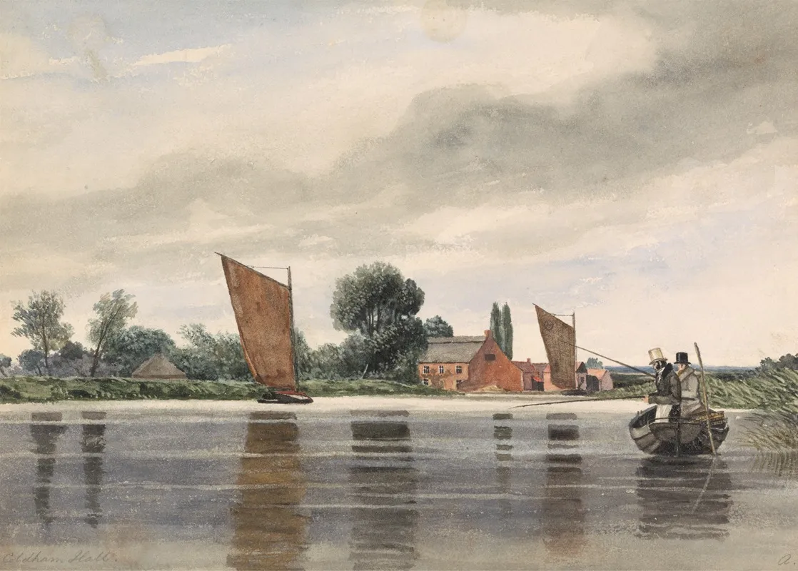 Coldham Hall With H Priest And C Turner Angling 1835 Wall Art by Alfred Priest - High-Resolution Digital Print
