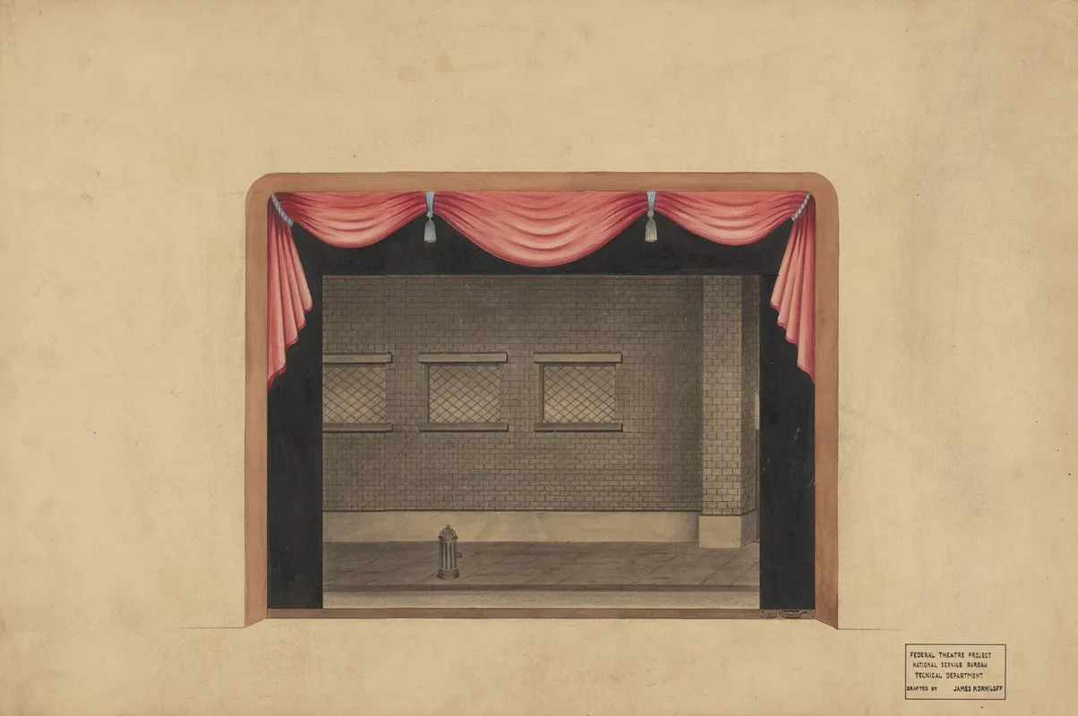 Color Proscenium And Pink Curtain Over Bw Street Scene Wall Art by James Korniloff - High-Resolution Digital Print
