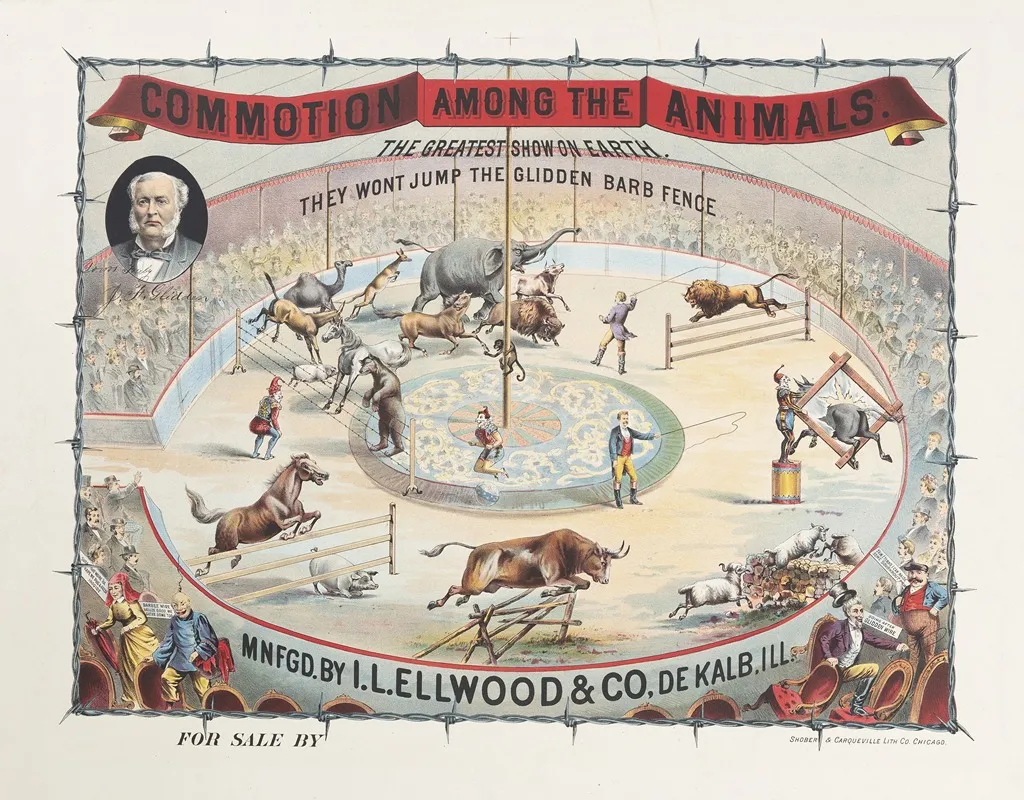 Commotion Among The Animals The Greatest Show On Earth They Wont Jump The Glidden Barb Fence Wall Art by Shober & Carqueville - High-Resolution Digital Print