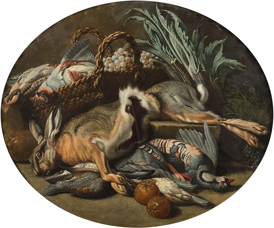 Composition Au Lievre Oiseaux Et Panier De Fruits Et Composition Aux Poissons Et Aux Legumes Wall Art by Jacob Van Der Kerckhoven - High-Resolution Digital Print