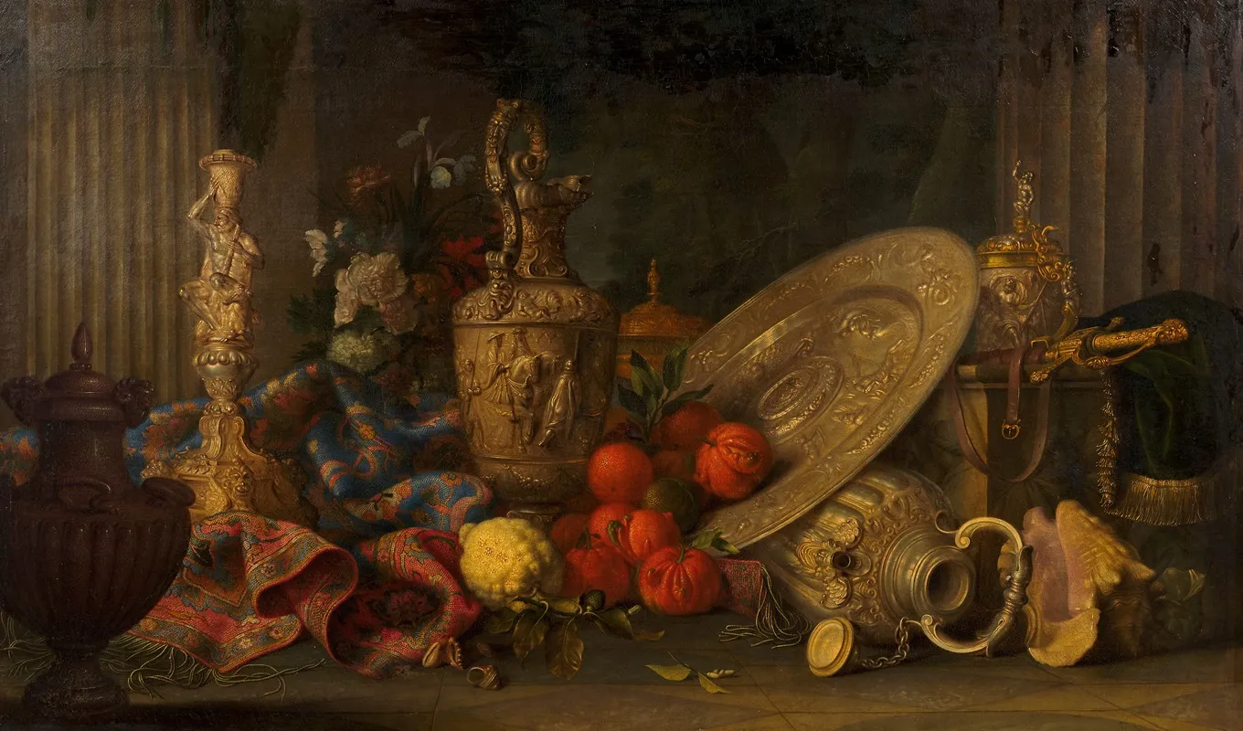 Composition Aux Pieces Dargent Tapis Dorient Vase En Porphyre Coquillage Bigarade Et Cedrat Wall Art by Meiffren Comte - High-Resolution Digital Print
