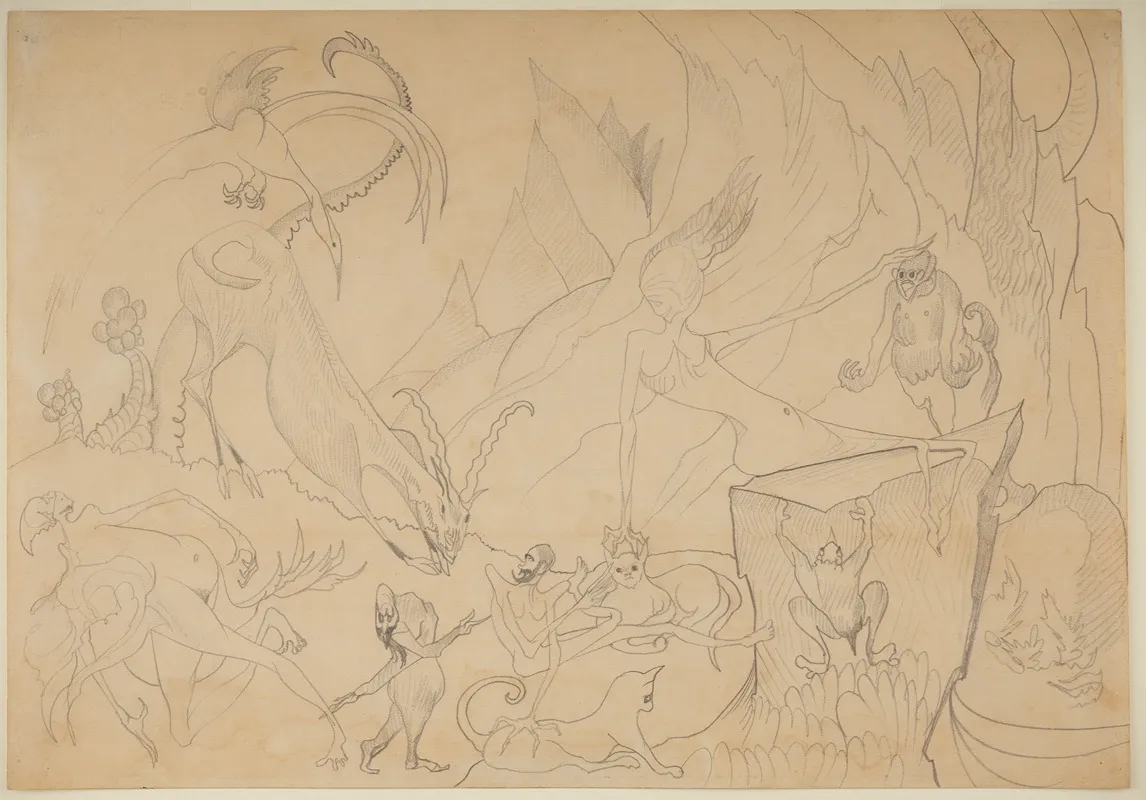 Composition Fantastic Figures And Animals With A Landscape In The Background