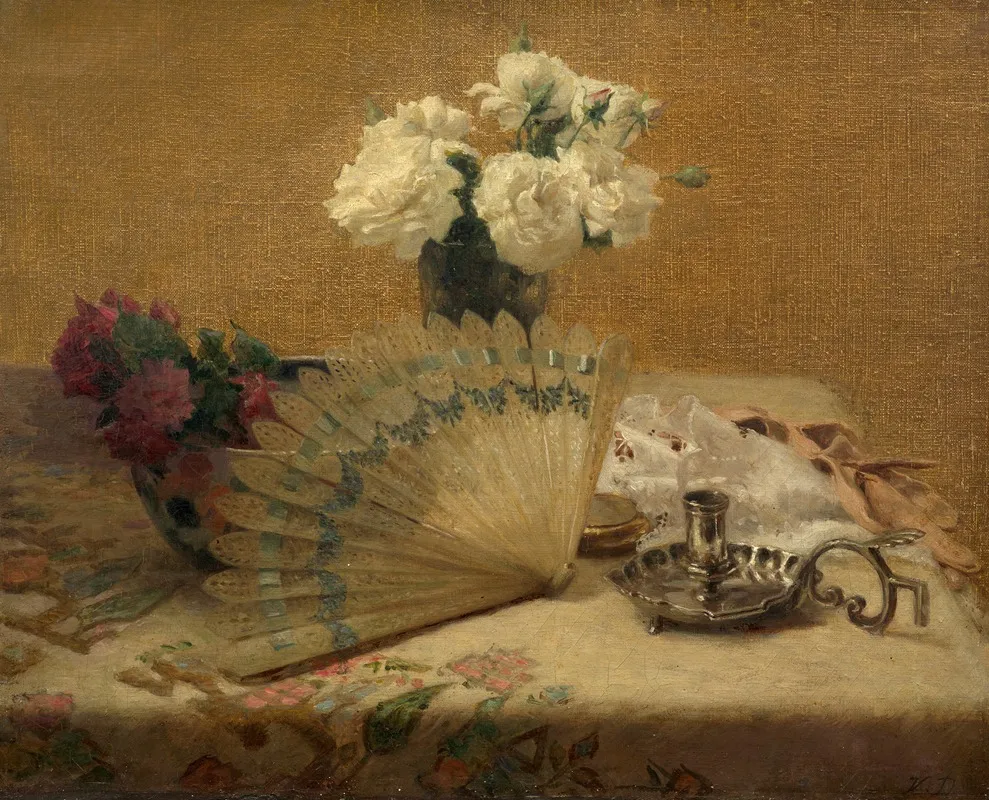 Composition With Fan And Bouquet Of White Roses Wall Art by Victoria Dubourg - High-Resolution Digital Print