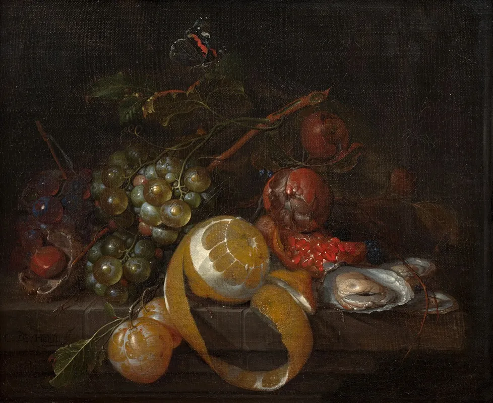 Composition With Lemon Grapes And Oysters Wall Art by Cornelis de Heem - High-Resolution Digital Print