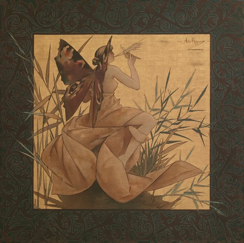 Composition With Winged Nymph Blowing Amongst Reeds Wall Art by Alexandre de Riquer - High-Resolution Digital Print