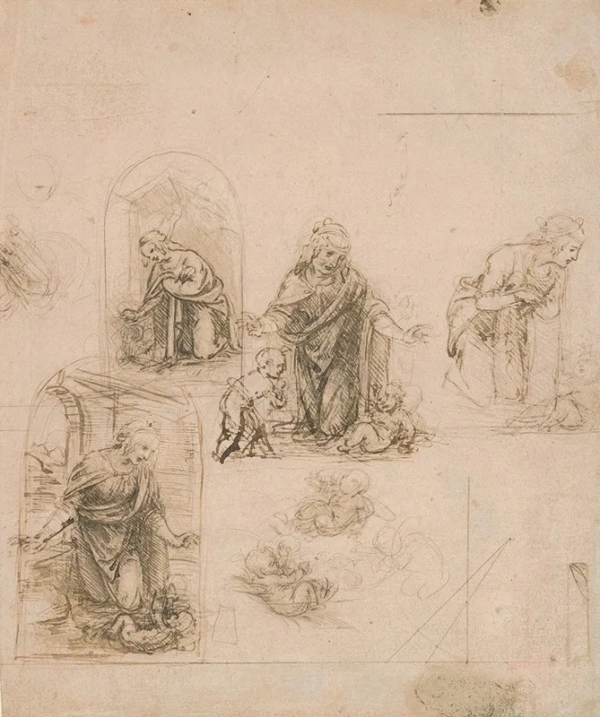 Compositional Sketches For The Virgin Adoring The Christ Child With And Without The Infant St John The Baptist Diagram Of A Perspectival Projection Wall Art by Leonardo da Vinci - High-Resolution Digital Print