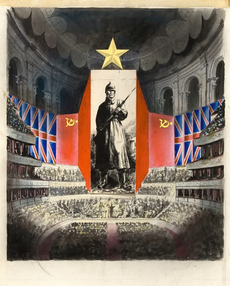Concert Hall And Orchestra Against Picture Of Russian Infantryman