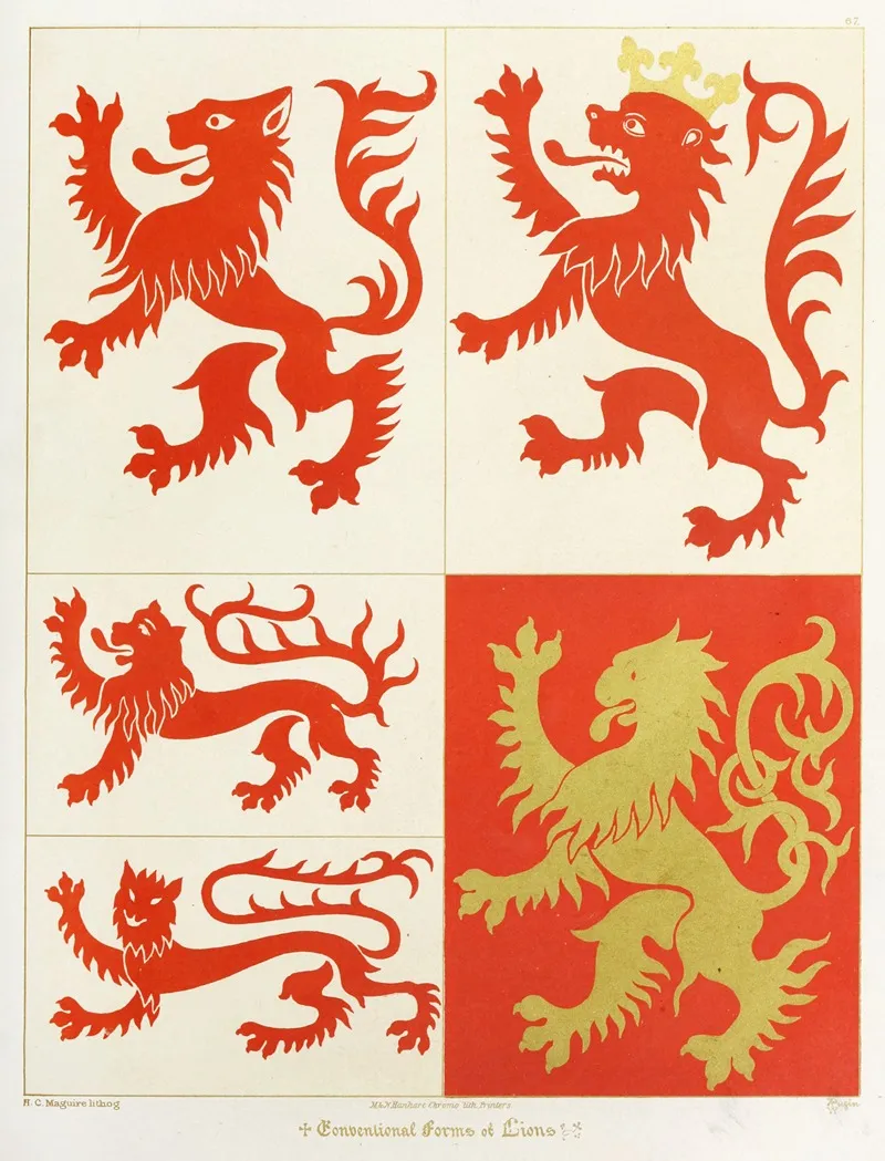 Conventional Forms Of Animals Lions Rampant Passant And Passant Regardant Wall Art by Augustus Pugin - High-Resolution Digital Print
