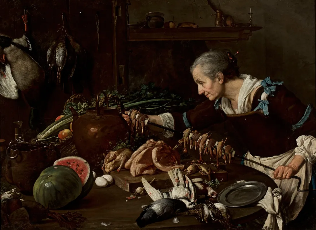 Cook Stuffing Quails On A Spit Wall Art by Giovanni Francesco Briglia - High-Resolution Digital Print