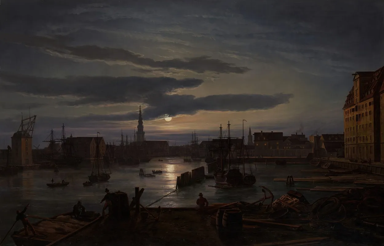Copenhagen Harbor By Moonlight Wall Art by Johan Christian Dahl - High-Resolution Digital Print