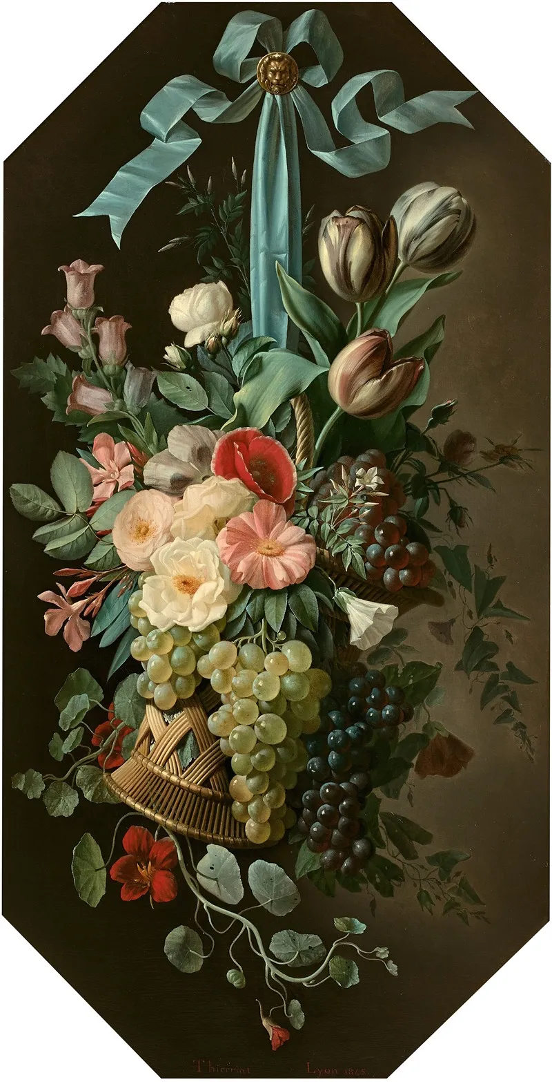 Corbeille De Fruits Et De Fleurs Suspendue A Un Ruban Wall Art by Augustin-Alexandre Thierriat - High-Resolution Digital Print
