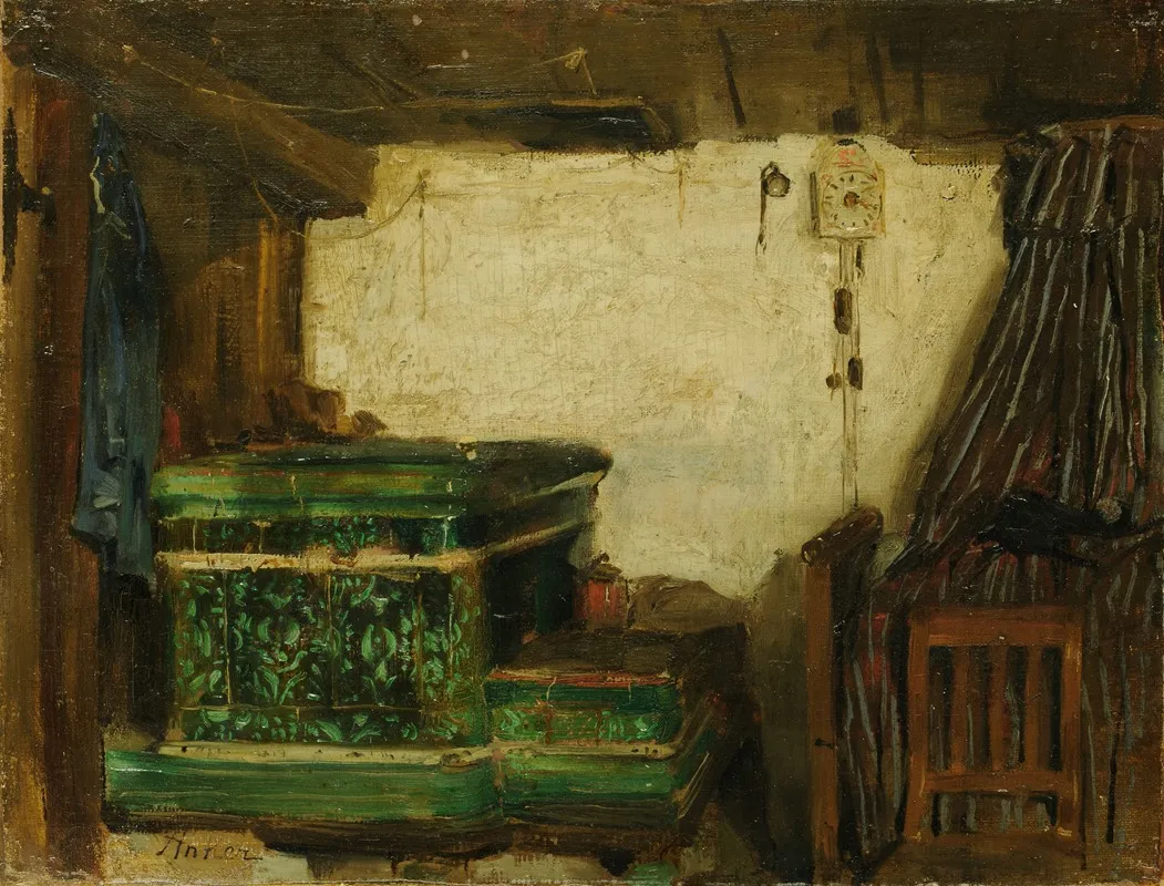 Corner Of A Room With Tiled Stove Wall Art by Albert Anker - High-Resolution Digital Print