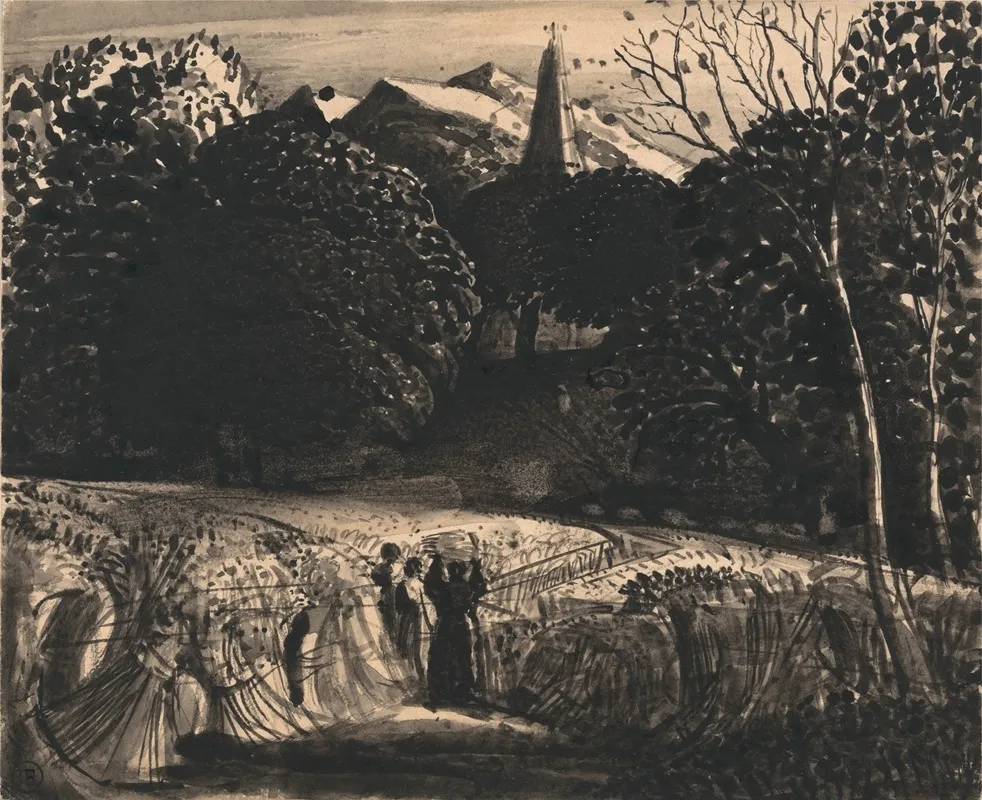 Cornfield And Church By Moonlight