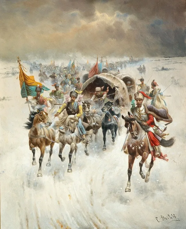 Cossack Train In A Winter Landscape Wall Art by Adolf Baumgartner-Stoiloff - High-Resolution Digital Print