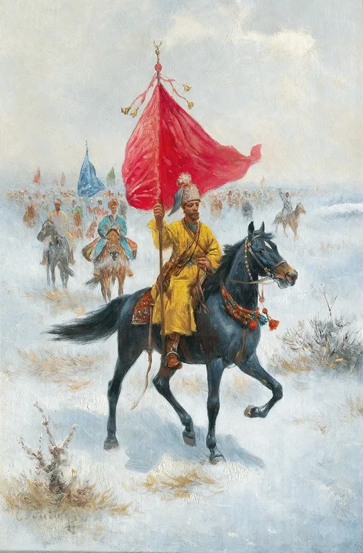 Cossacks On Horseback Bearing A Standard In A Winter Landscape Wall Art by Adolf Baumgartner-Stoiloff - High-Resolution Digital Print