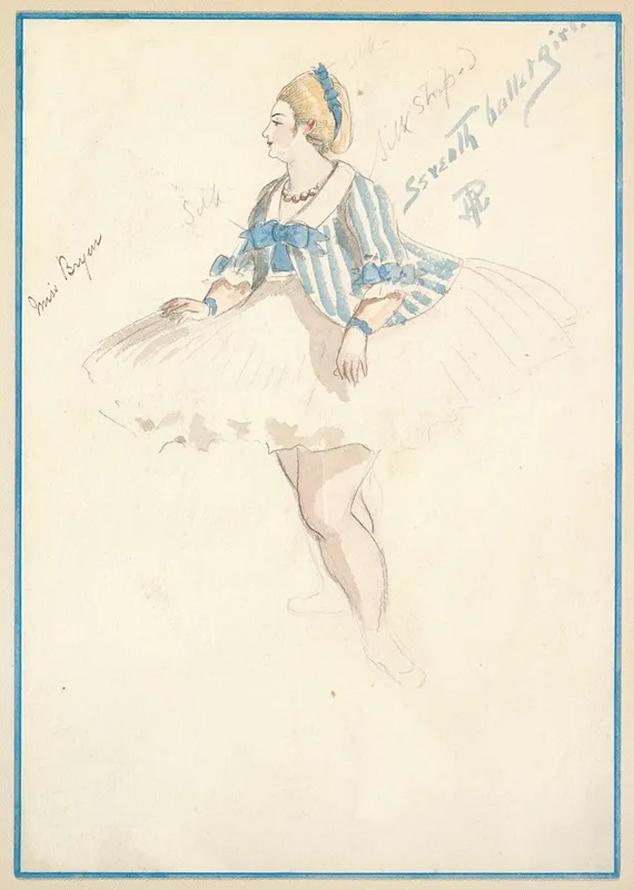 Costume Design For Seventh Ballet Girl Short White And Blue Striped Dress Wall Art by Percy Anderson - High-Resolution Digital Print