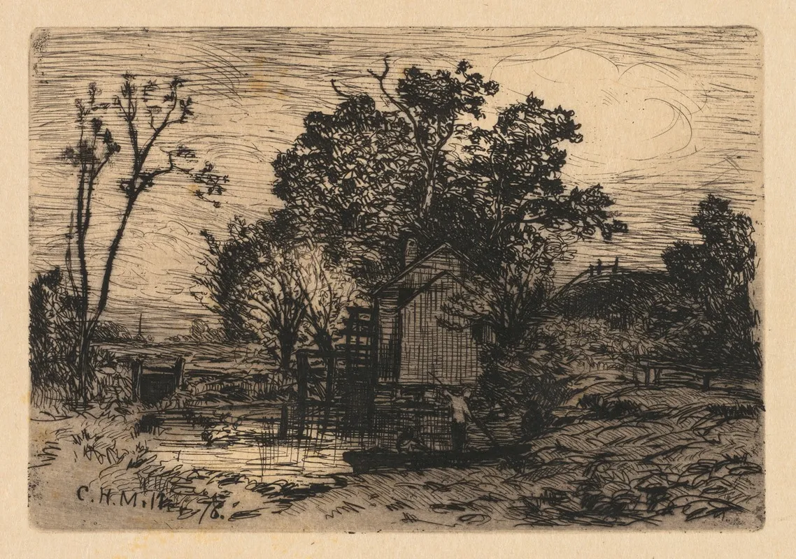 Cottage And Two Figures In A Boat Wall Art by Charles Henry Miller - High-Resolution Digital Print