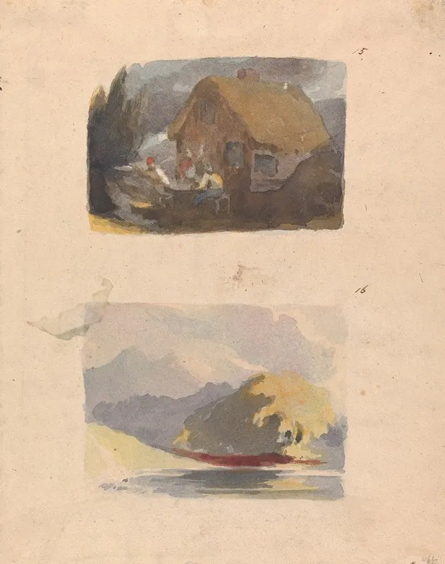 Cottage With Figures In Front No 15 Landscape With River And Mountains Sunshine No 16 Wall Art by Thomas Sully - High-Resolution Digital Print