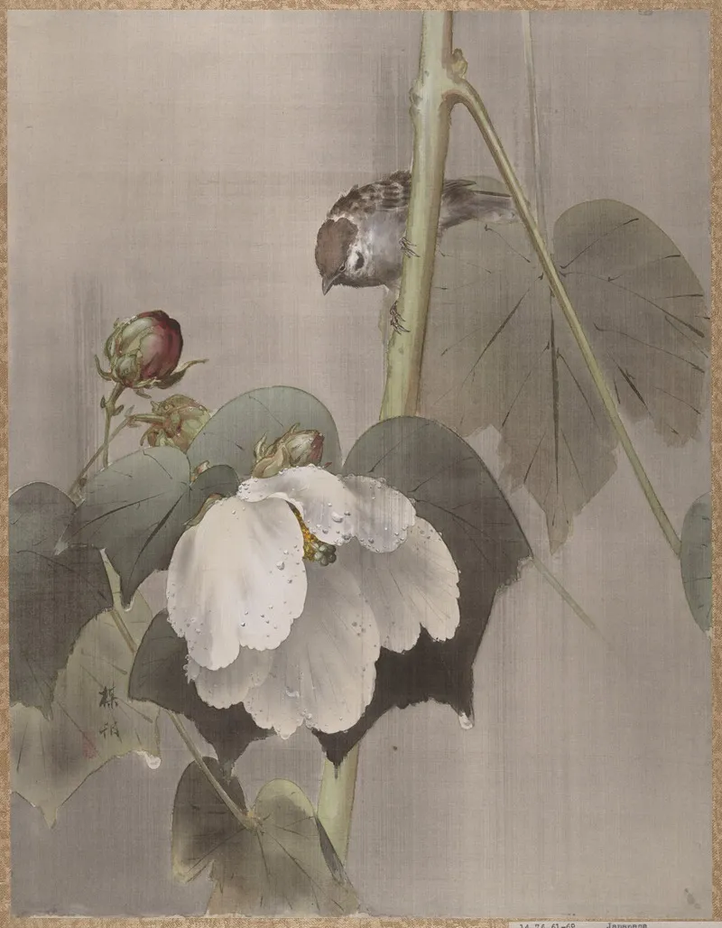 Cotton Rose Mallows In The Rain Wall Art by Okada Baison - High-Resolution Digital Print