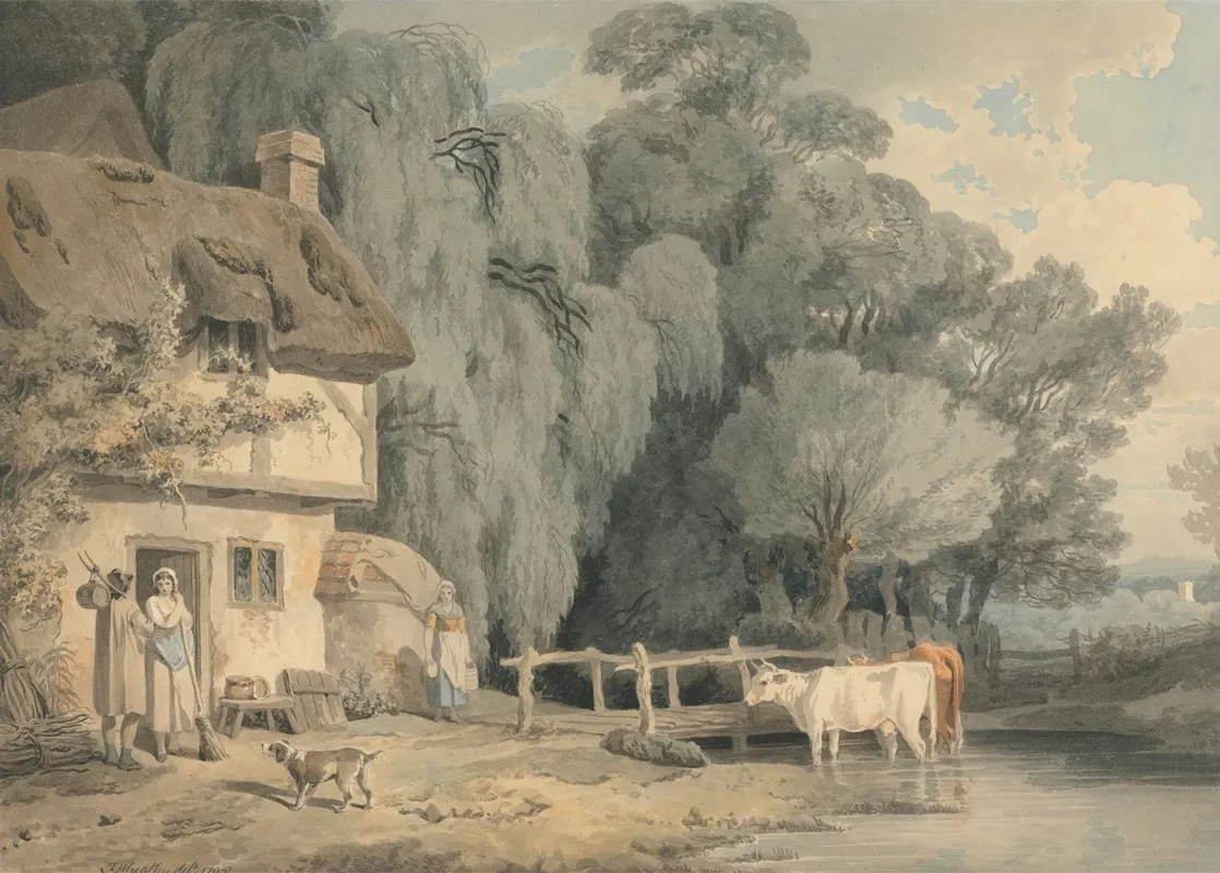 Country Scene Figures By A Cottage Door And Cattle In A Stream