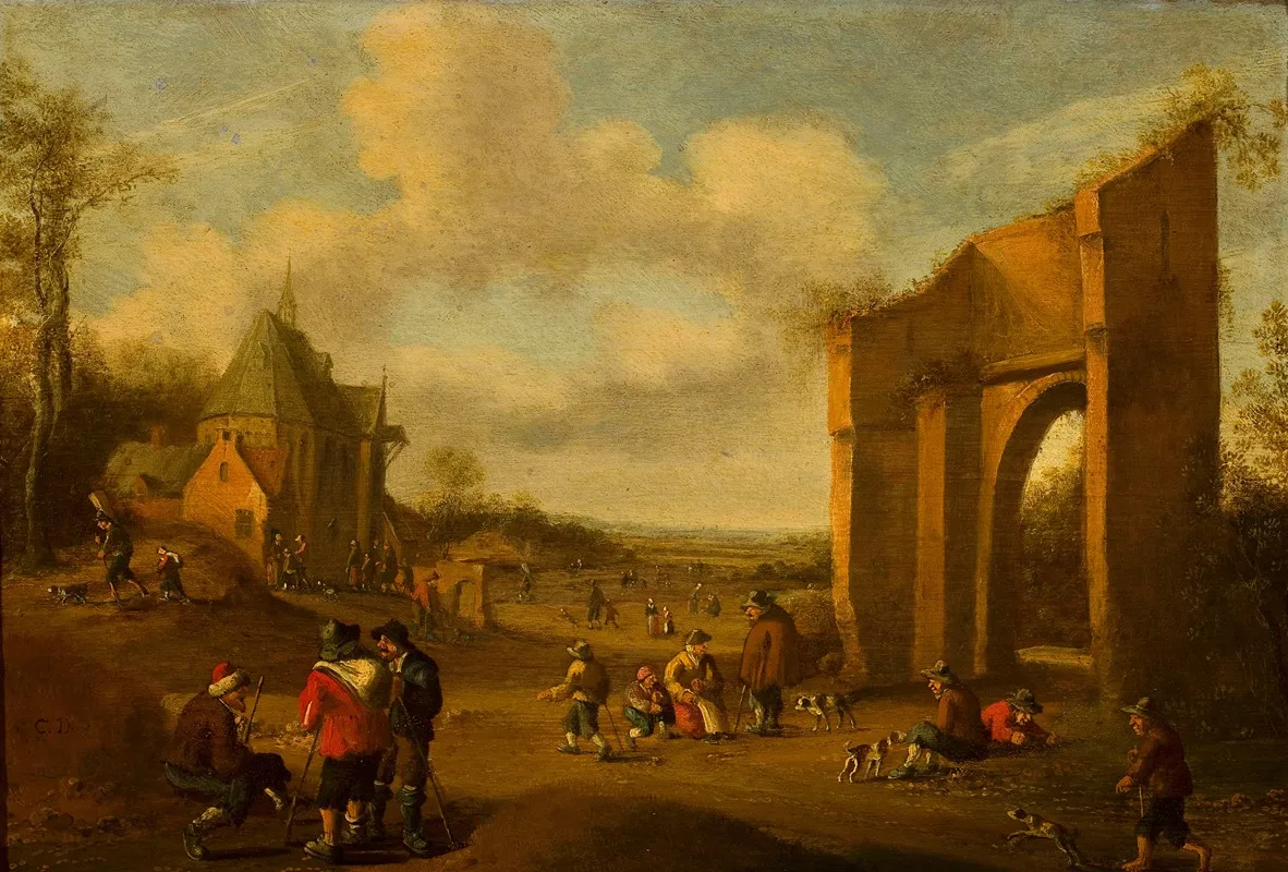 Countryside Landscape With Peasants 2 Wall Art by Cornelis Droochsloot - High-Resolution Digital Print