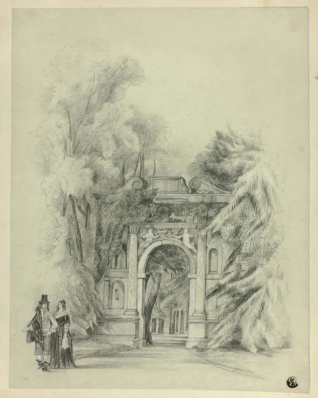 Couple In 17th Century Dress Standing Before Entrance To Park Wall Art by Charles de Anson - High-Resolution Digital Print