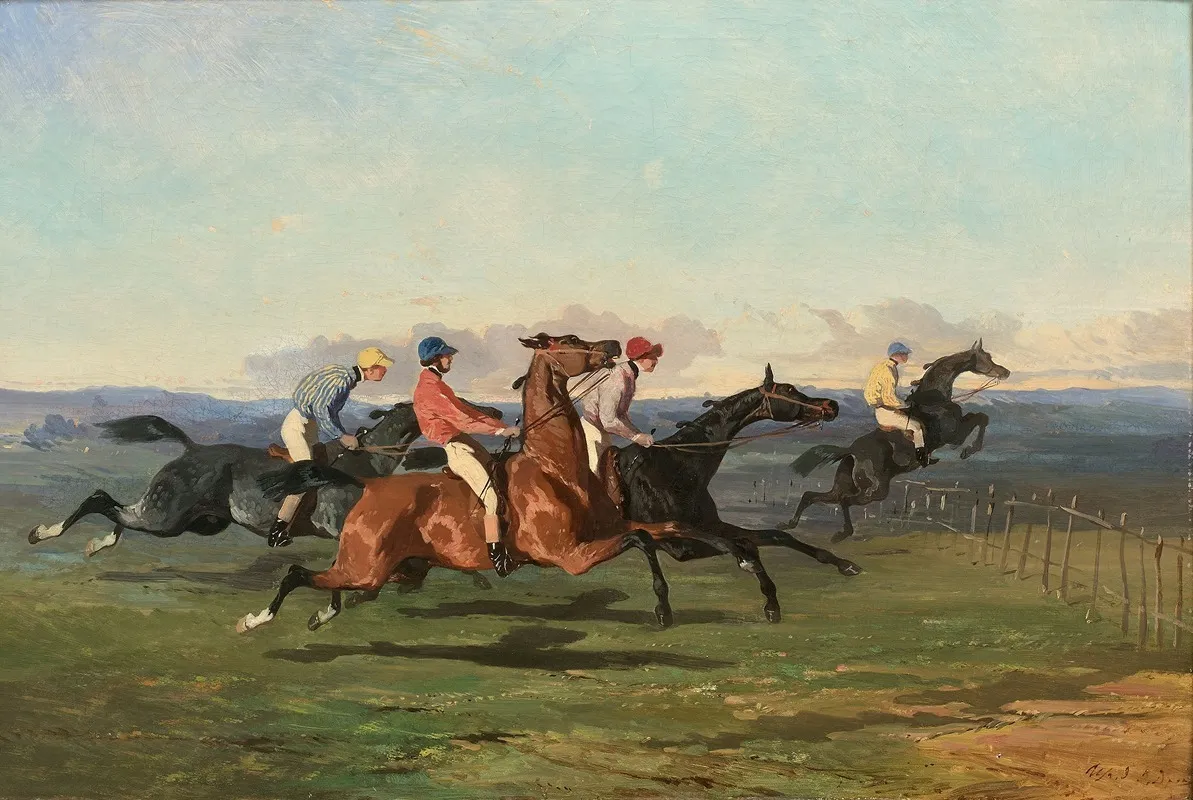 Course Dobstacles A Quatre Jockeys Wall Art by Alfred De Dreux - High-Resolution Digital Print