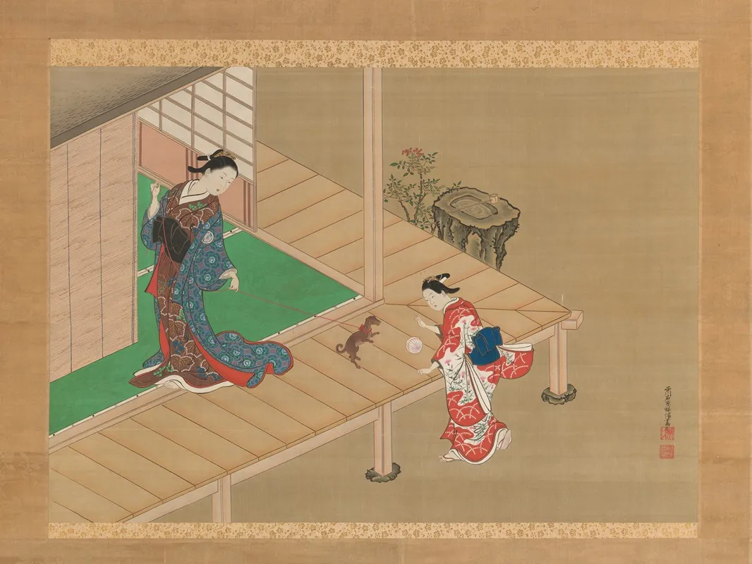 Courtesan And Attendant Playing With A Dog