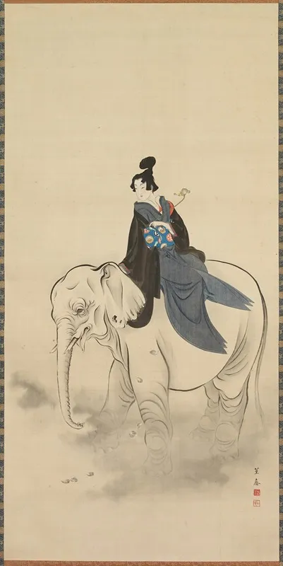 Courtesan Riding An Elephant Parody Of The Bodhisattva Fugen Wall Art by Kitao Masayoshi - High-Resolution Digital Print