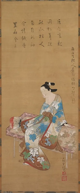 Courtesan Seated On A Bench Enjoying The Evening Cool In Summer Wall Art by Kamigaki Hōryū - High-Resolution Digital Print