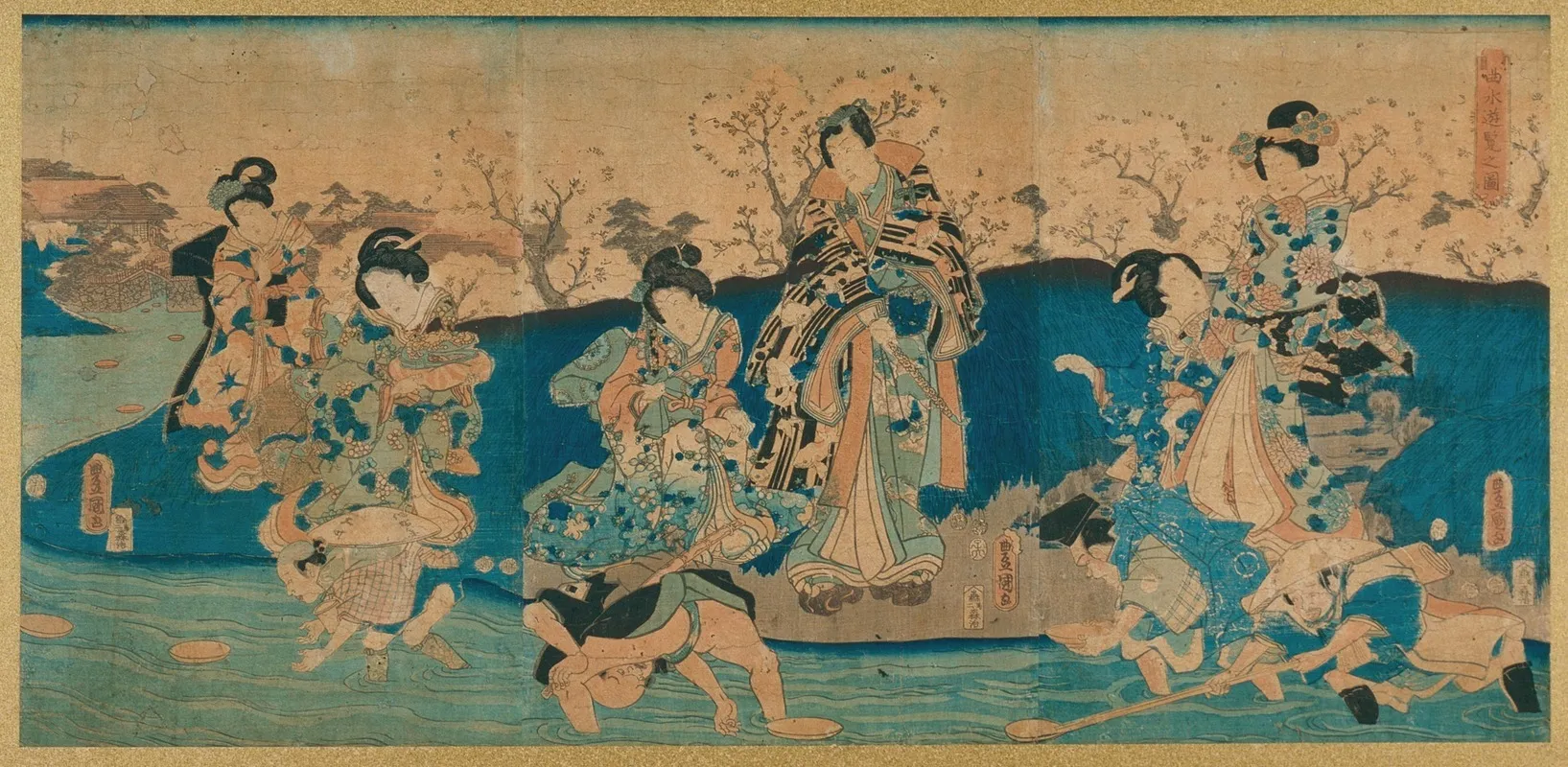 Courtesans And A Modern Genji Drinking From Floating Cups Wall Art by Utagawa Kunisada (Toyokuni III) - High-Resolution Digital Print