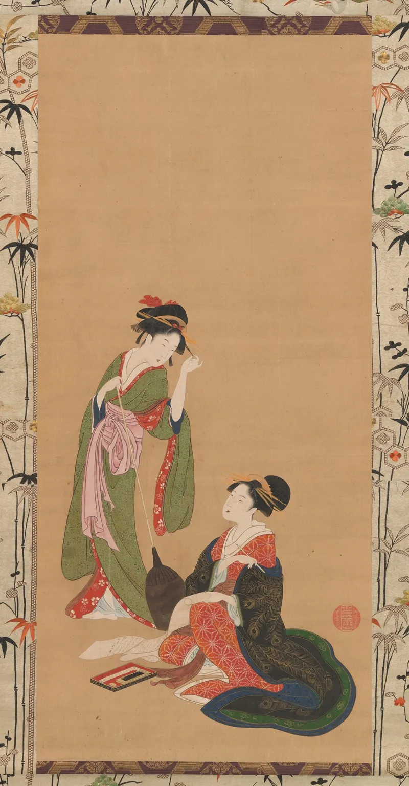 Courtesans Parodying Kanzan And Jittoku Wall Art by Kinpūsha Toyomaro - High-Resolution Digital Print