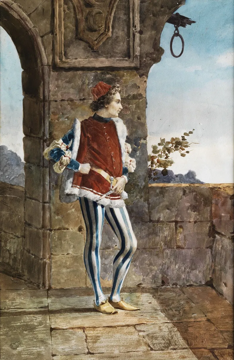 Courtly Youth In Medieval Costume At An Arch Of The Wall With A View Of The Landscape Wall Art by Belisario Gioja - High-Resolution Digital Print