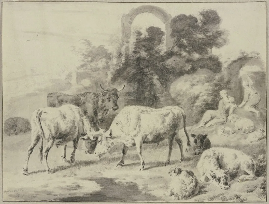Cow Herd With Shepherds Wall Art by Dirck van Bergen - High-Resolution Digital Print