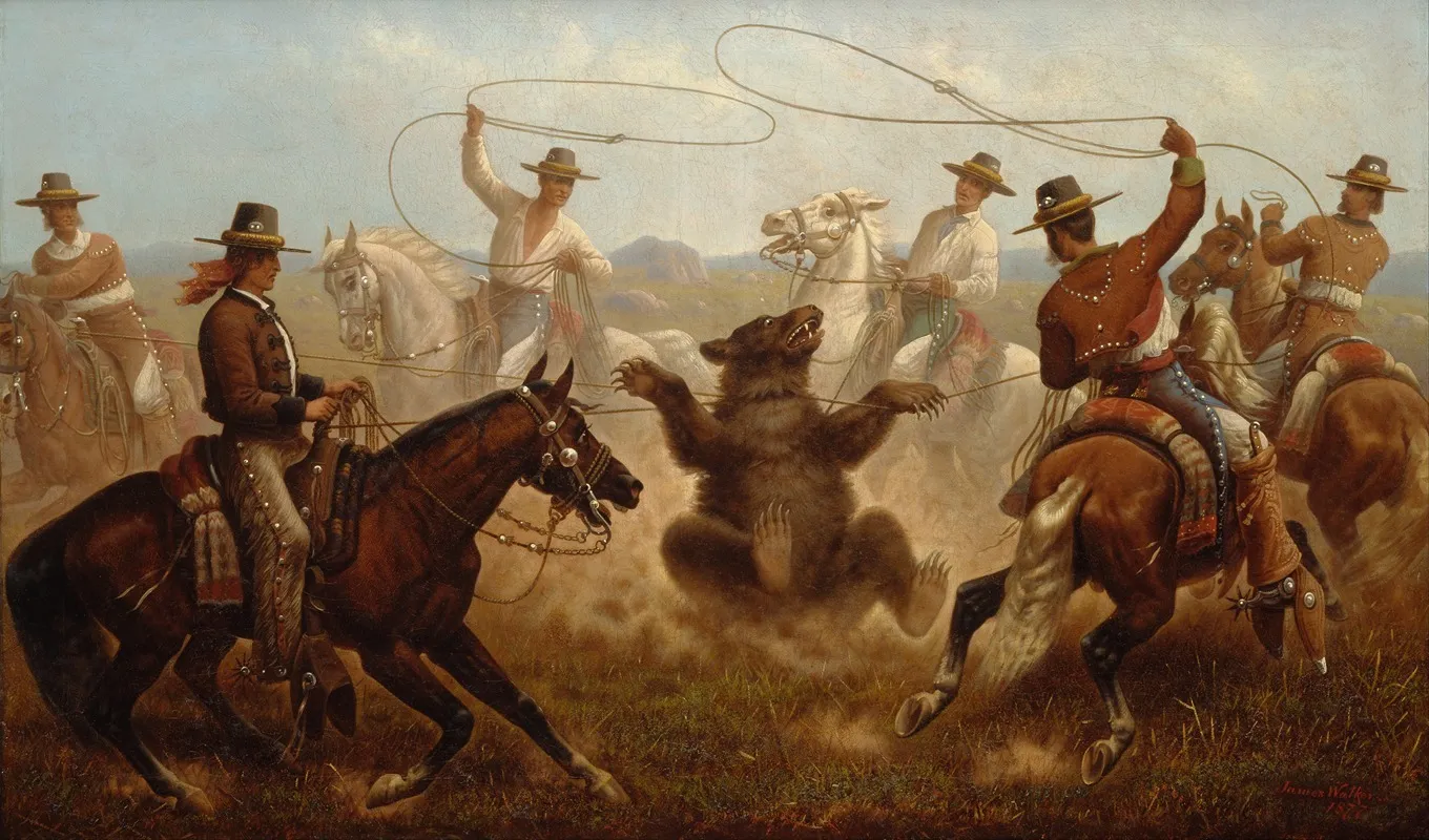 Cowboys Roping A Bear Wall Art by James Walker - High-Resolution Digital Print