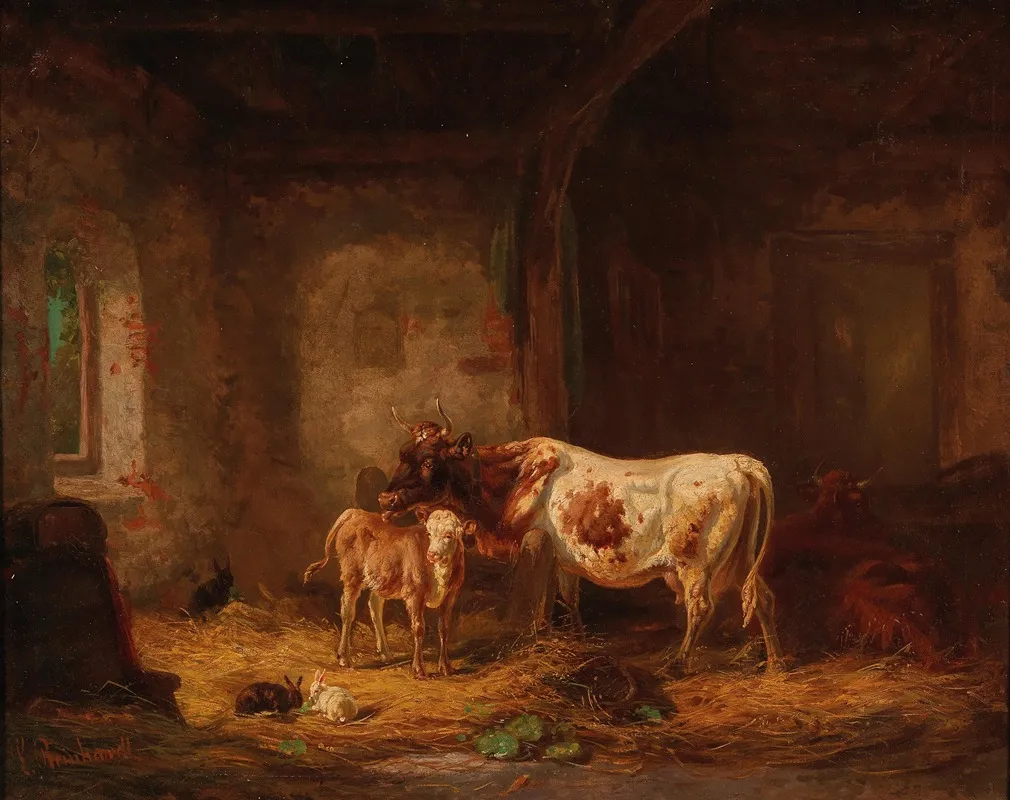 Cows And Rabbits In The Barn Wall Art by Louis Reinhardt - High-Resolution Digital Print