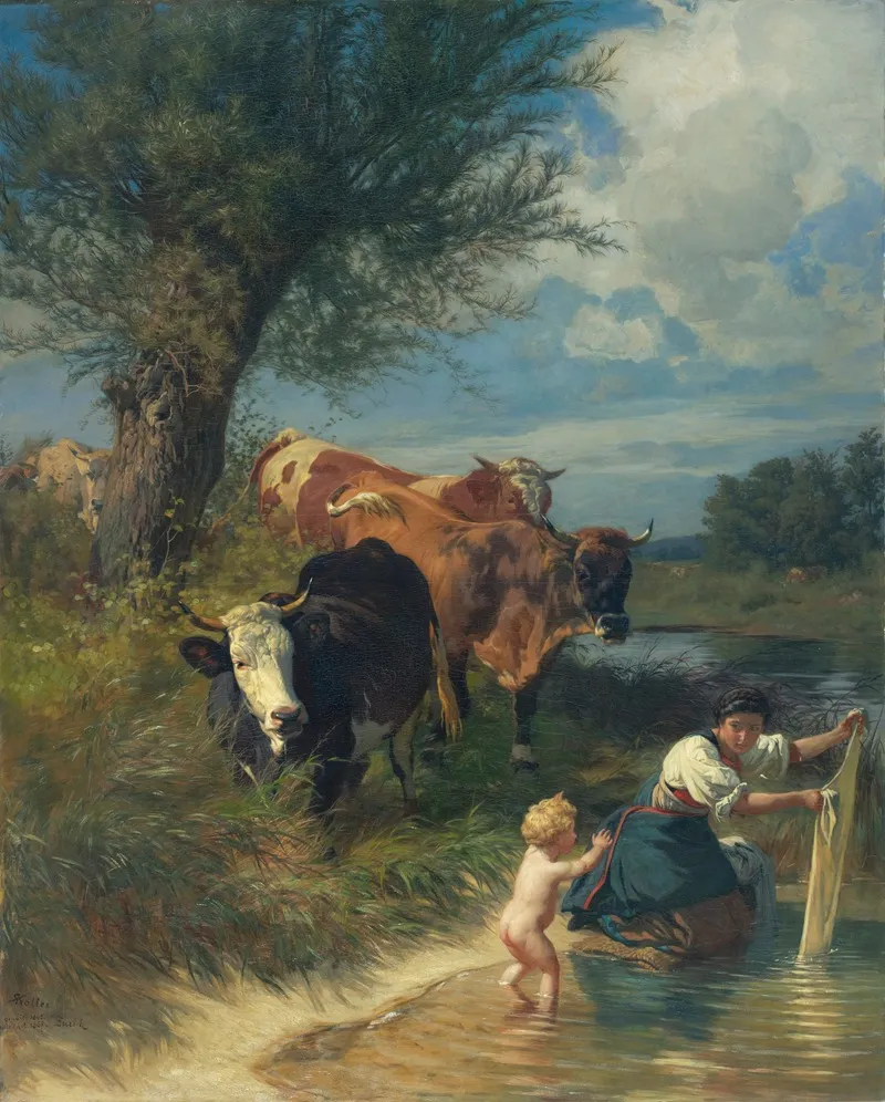Cows And Washerwoman Near A Brook