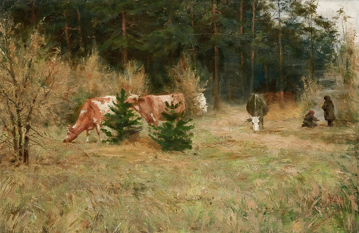 Cows Near A Forest Wall Art by Maria Chmielowska - High-Resolution Digital Print